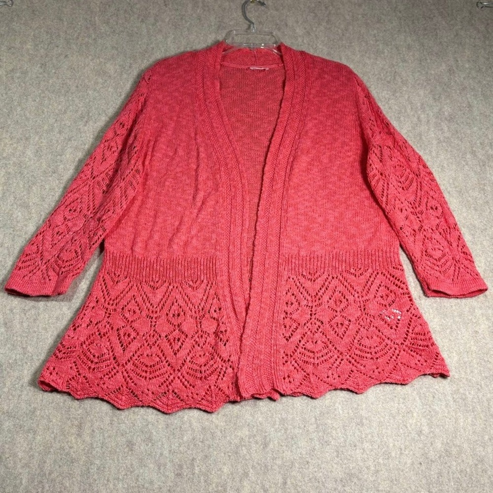 Westport Cardigan Sweater Womens 1X Pink Cotton Knit Open Front Boho Crochet Top